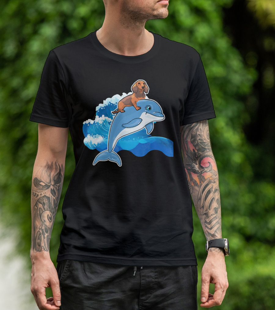 Dachshund Riding On A Dolphin Waving Through The Ocean T-Shirt