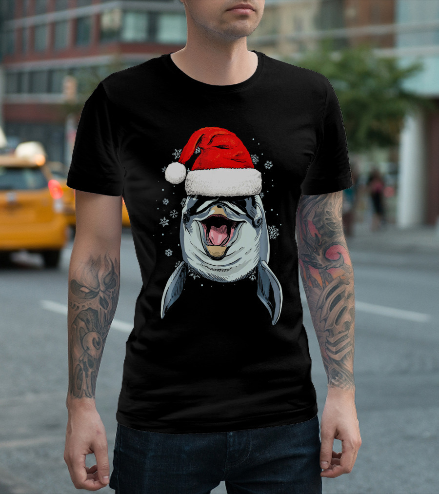 Dolphin Wearing Santa Hat Snowflakes Christmas Holiday T-Shirt