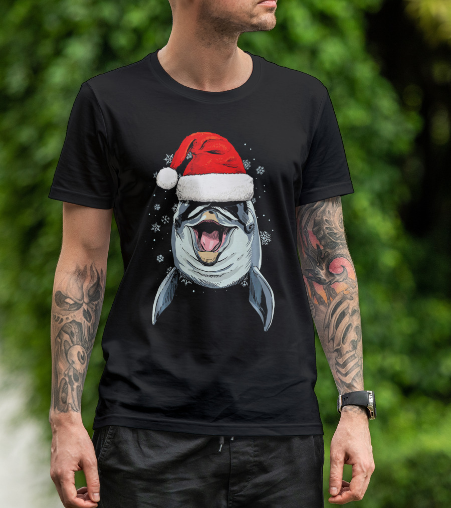 Dolphin Wearing Santa Hat Snowflakes Christmas Holiday T-Shirt