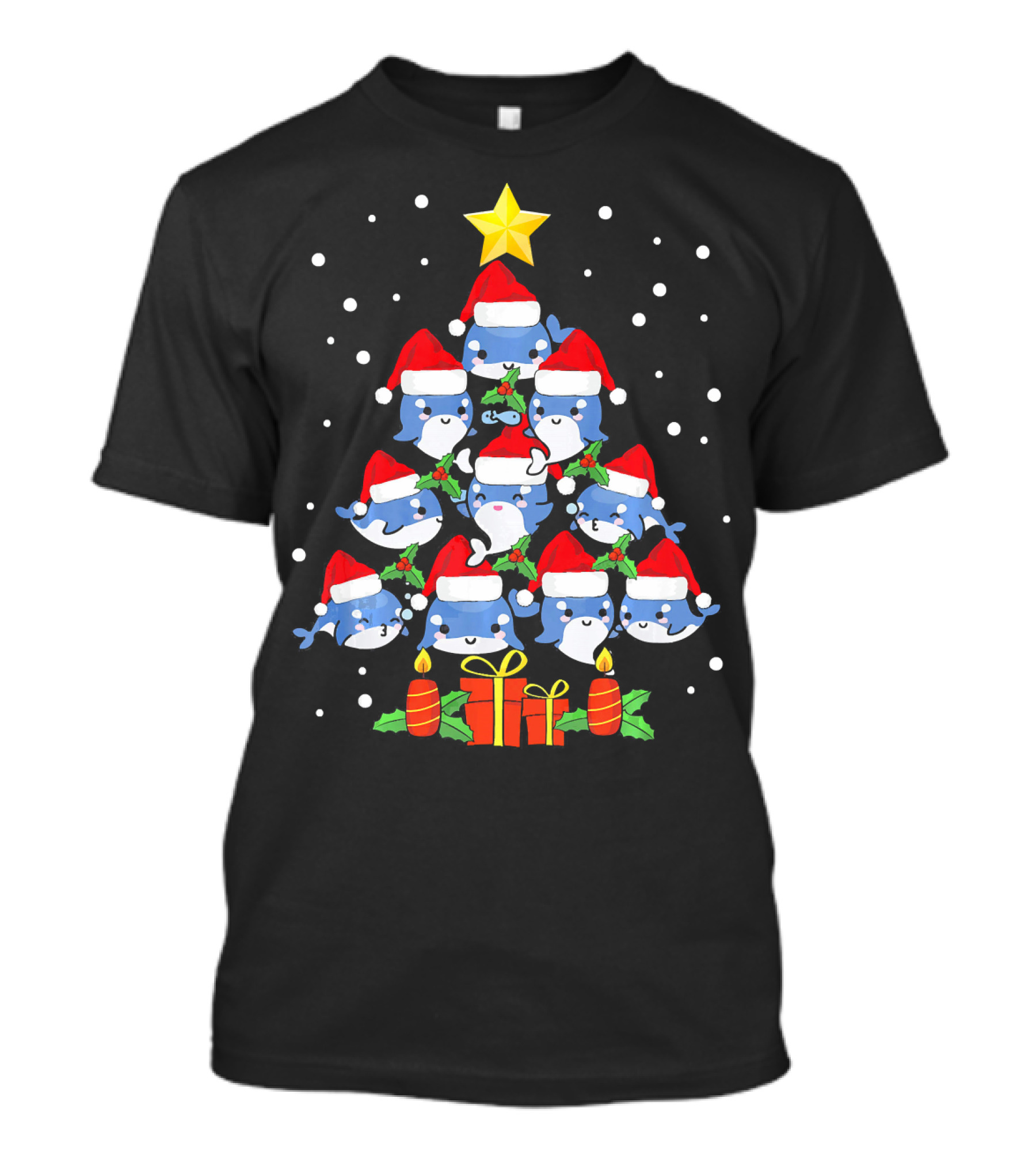 Dolphin Christmas Tree Santa Ornament Star Candles Snowflakes T-Shirt