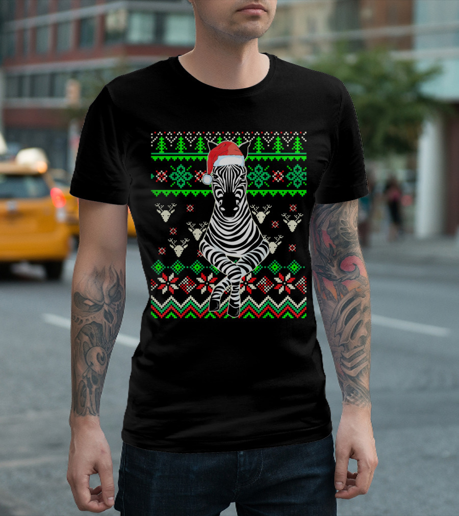 Ugly Christmas Sweater Zebra with Santa Hat and Festive T-Shirt
