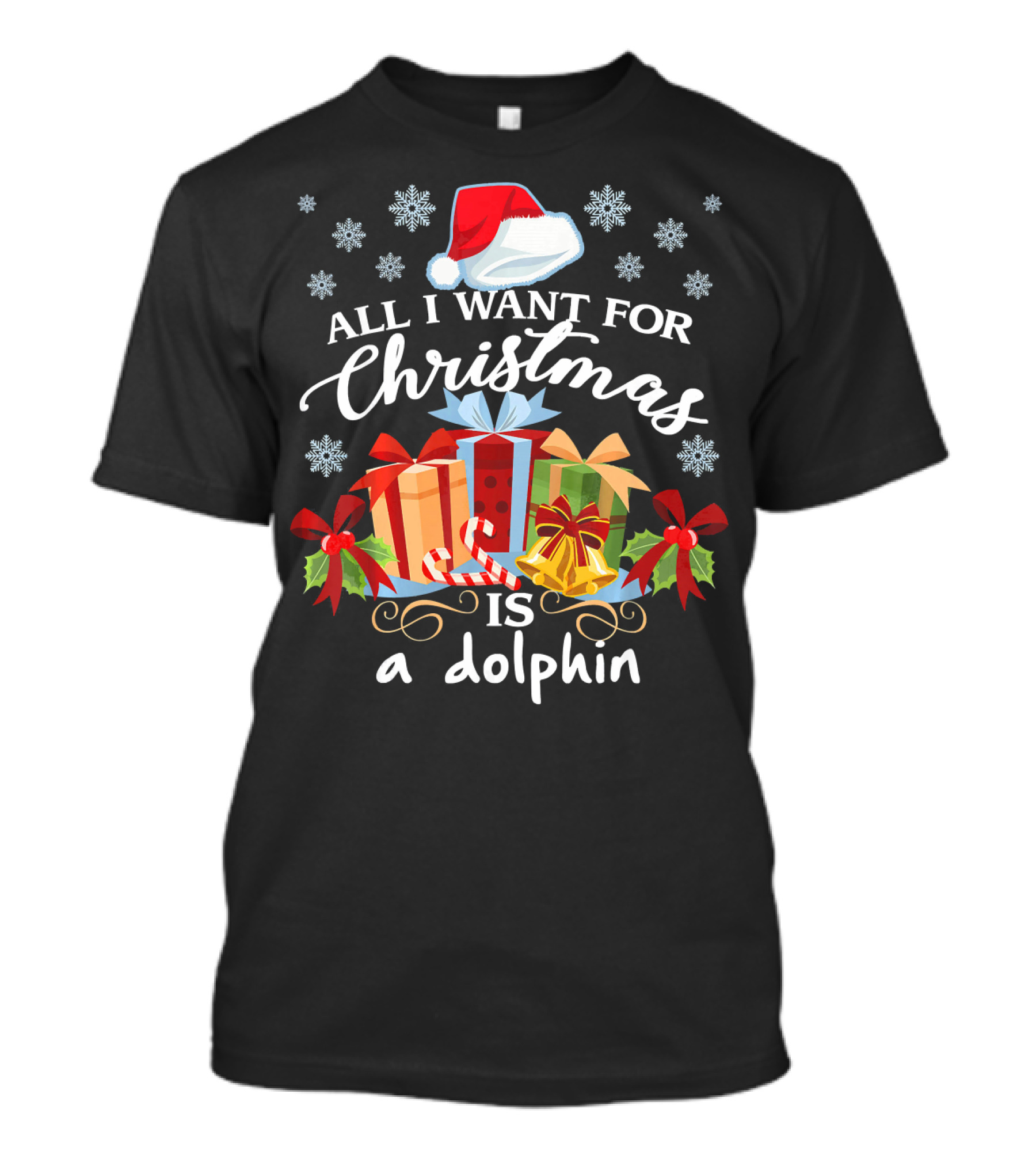All I Want For Christmas Is A Dolphin Snowflakes Santa Hat Gift Boxes T-Shirt