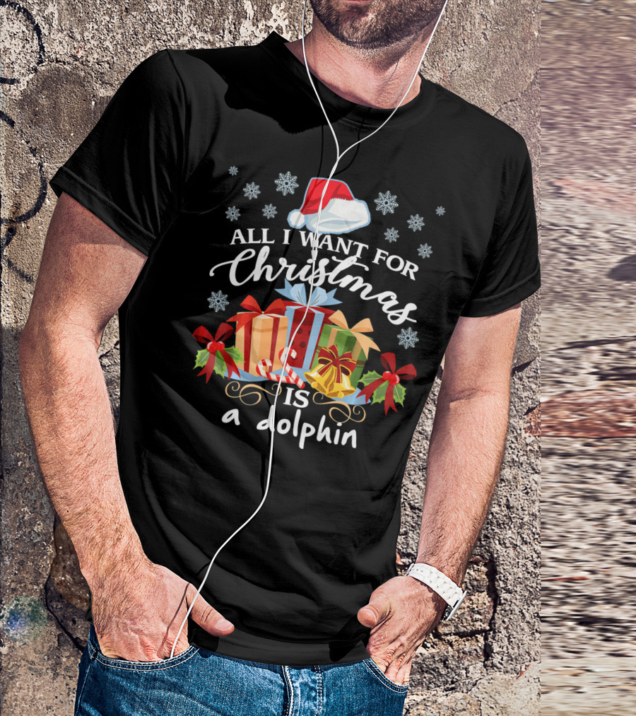 All I Want For Christmas Is A Dolphin Snowflakes Santa Hat Gift Boxes T-Shirt
