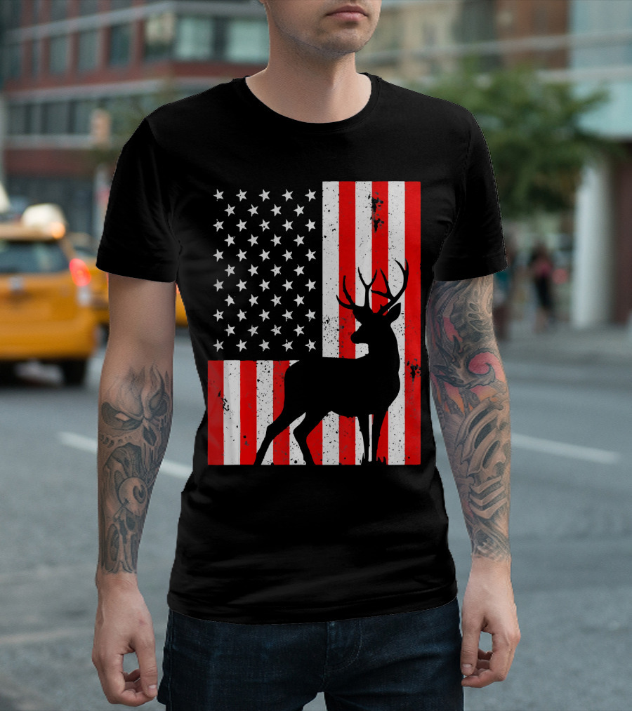 Deer Hunter Patriotic American Flag T-Shirt
