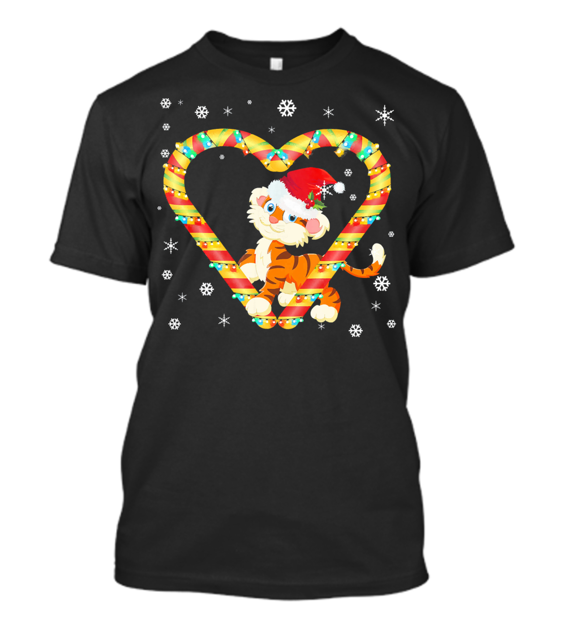 Cute Tiger Candy Cane Heart Santa Hat Snowflakes T-Shirt