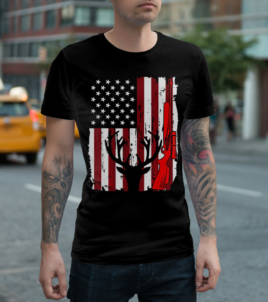 Deer Hunting American Flag Antlers and Rifle 4th of July USA T-Shirt