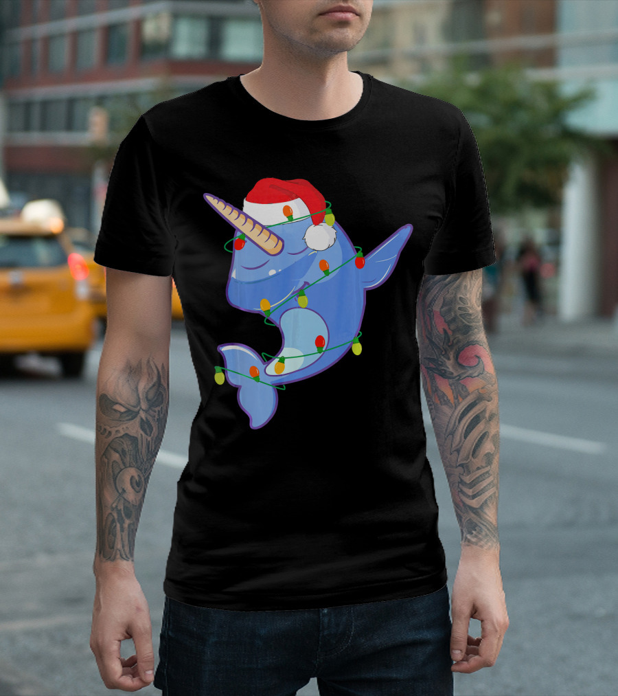 Santa Hat Dabbing Unicorn Dolphin Wrapped in Christmas Lights T-Shirt