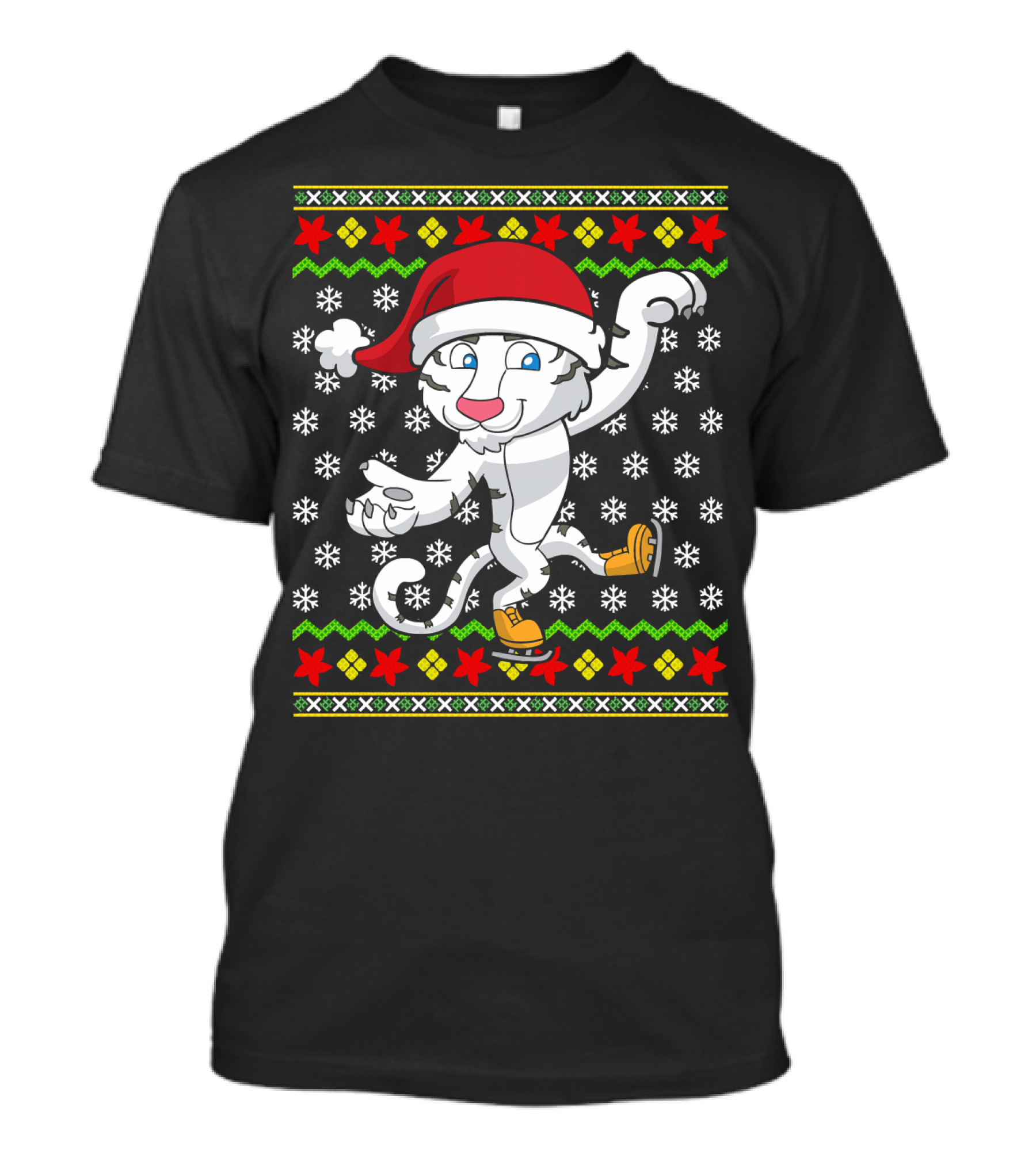 Christmas White Tiger Santa Hat Ice Skating Snowflakes T-Shirt