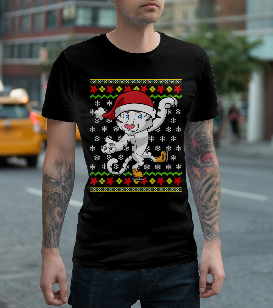 Christmas White Tiger Santa Hat Ice Skating Snowflakes T-Shirt
