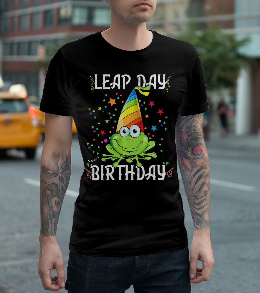 Leap Day Birthday February Frog with Party Hat and Stars T-Shirt