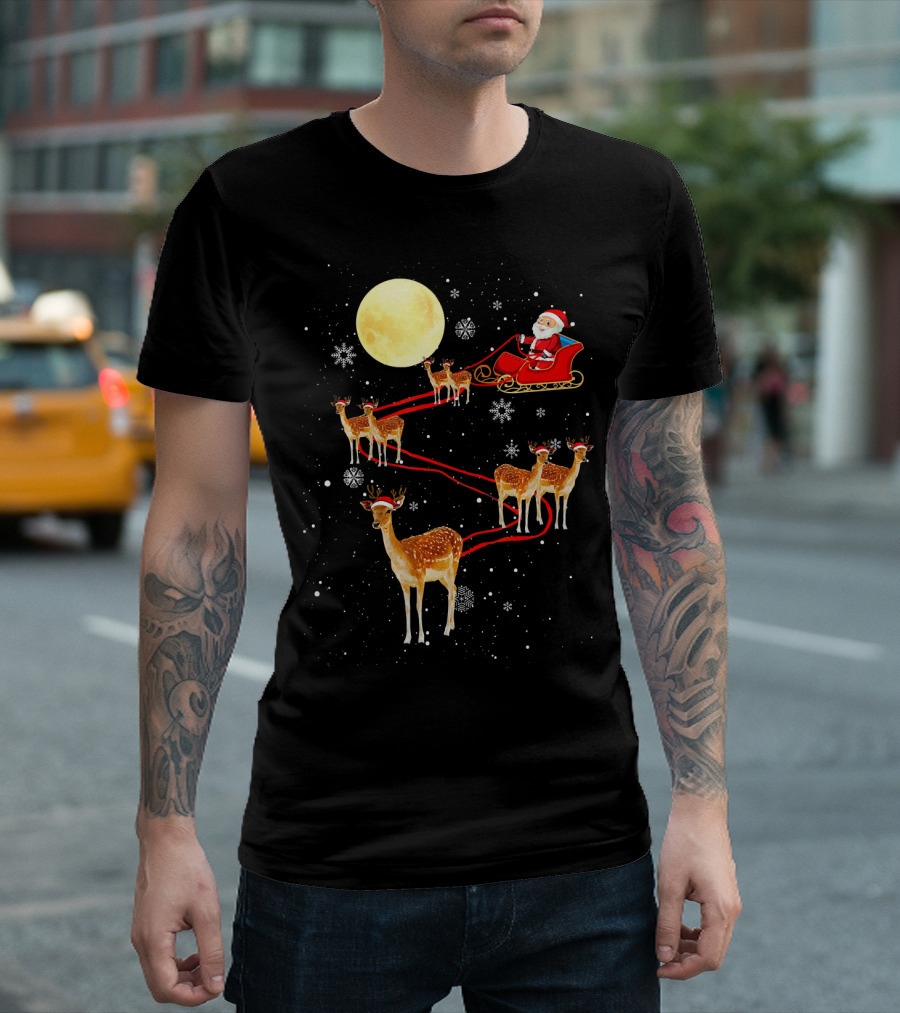 Santa Sleigh with Reindeer under Full Moon and Snowflakes Christmas Fun T-Shirt