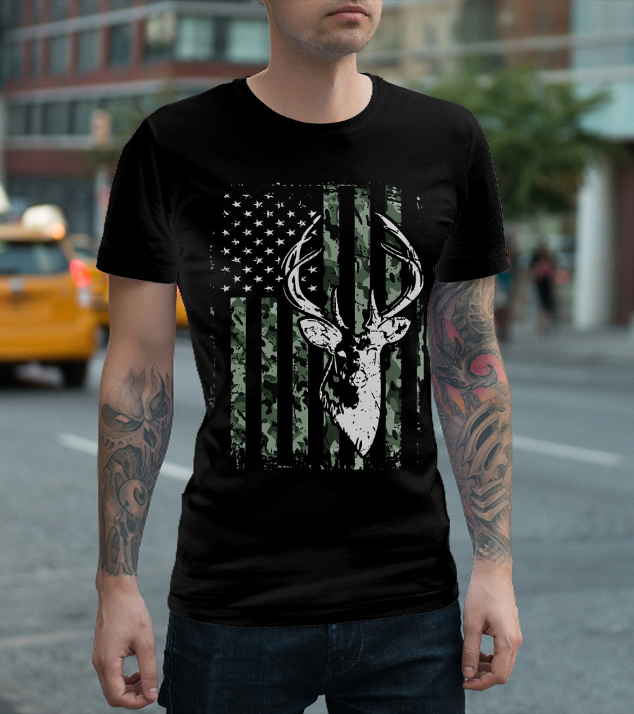 Camouflage American Flag Deer Hunting Antler T-Shirt
