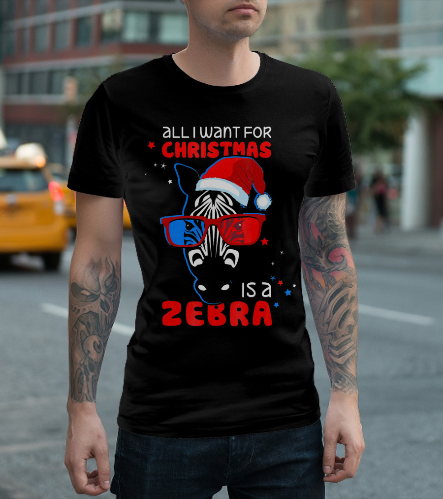 All I Want For Christmas Is A Zebra Wearing Santa Hat And 3D Glasses T-Shirt