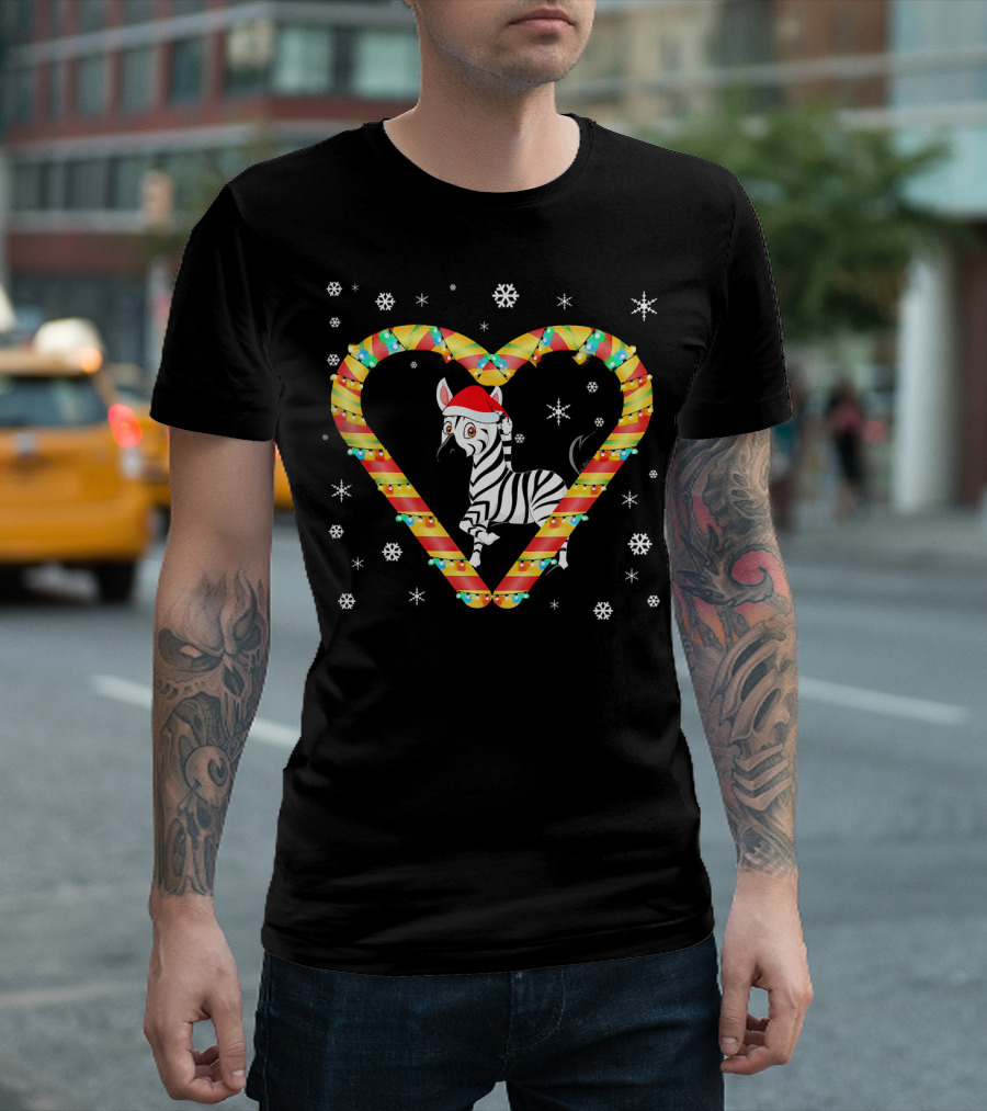 Cute Zebra Wearing Santa Hat Inside Candy Cane Heart with Snowflakes T-Shirt