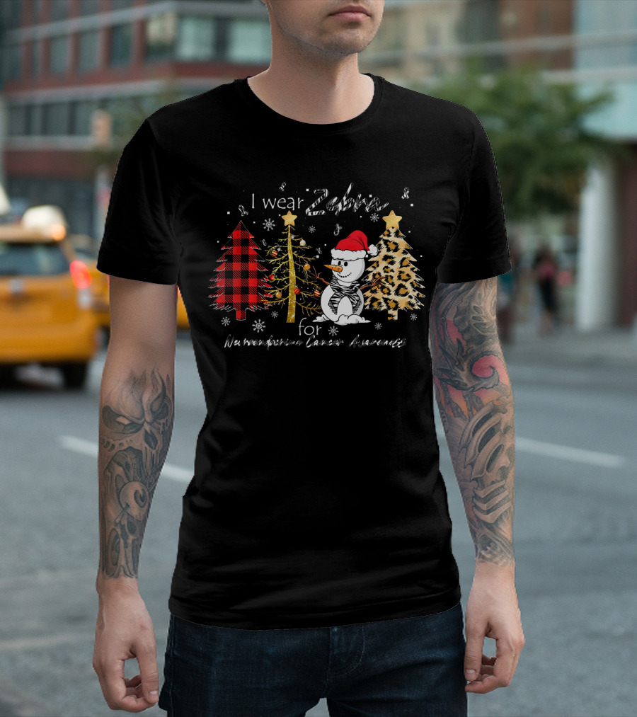 I wear Zebra for Neuroendocrine Cancer Awareness Christmas Snowman with Buffalo Plaid and Animal Print Trees T-Shirt