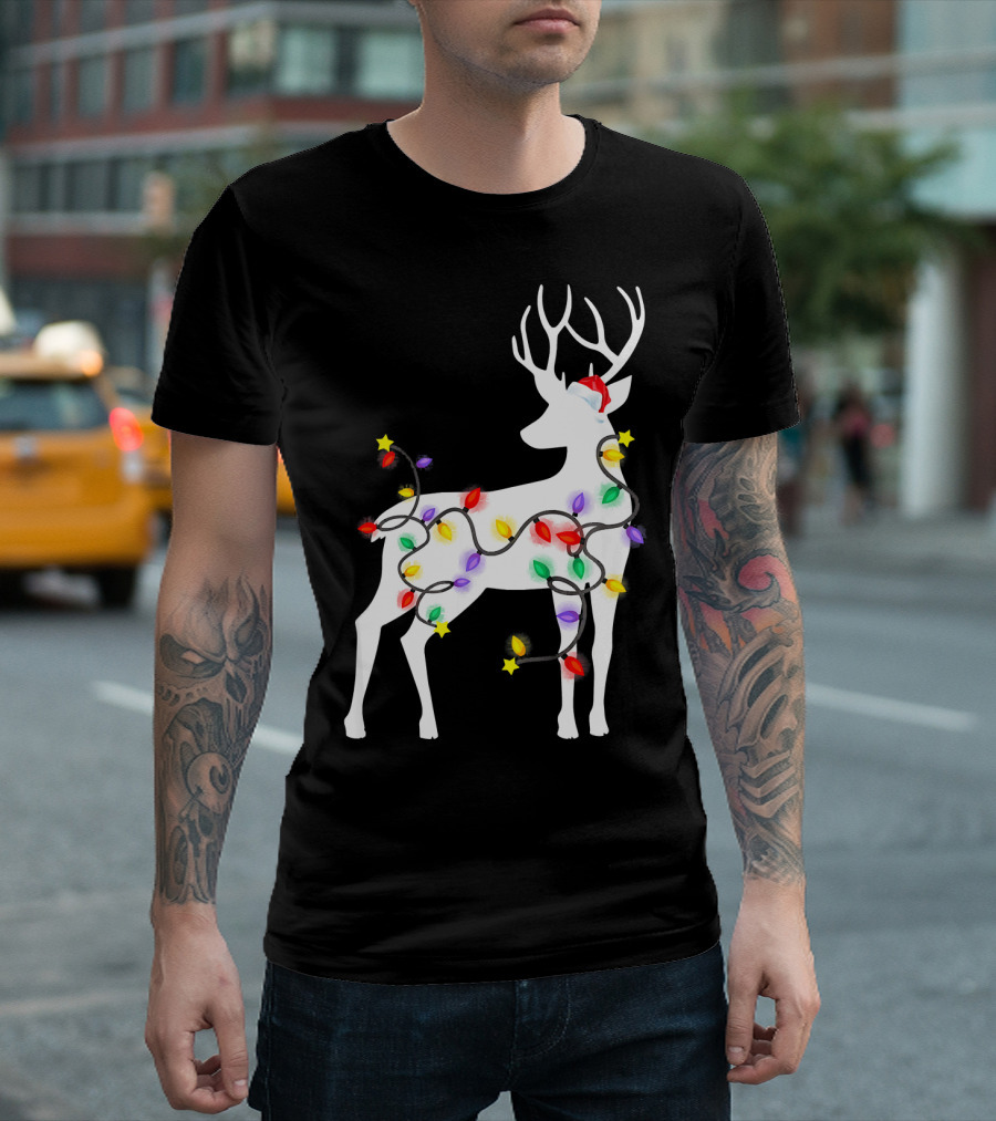 Deer Reindeer Christmas Lights Decorations Santa Hat T-Shirt