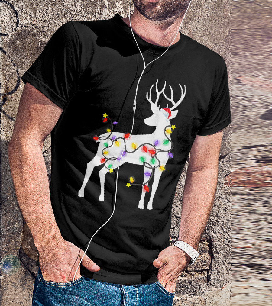 Deer Reindeer Christmas Lights Decorations Santa Hat T-Shirt