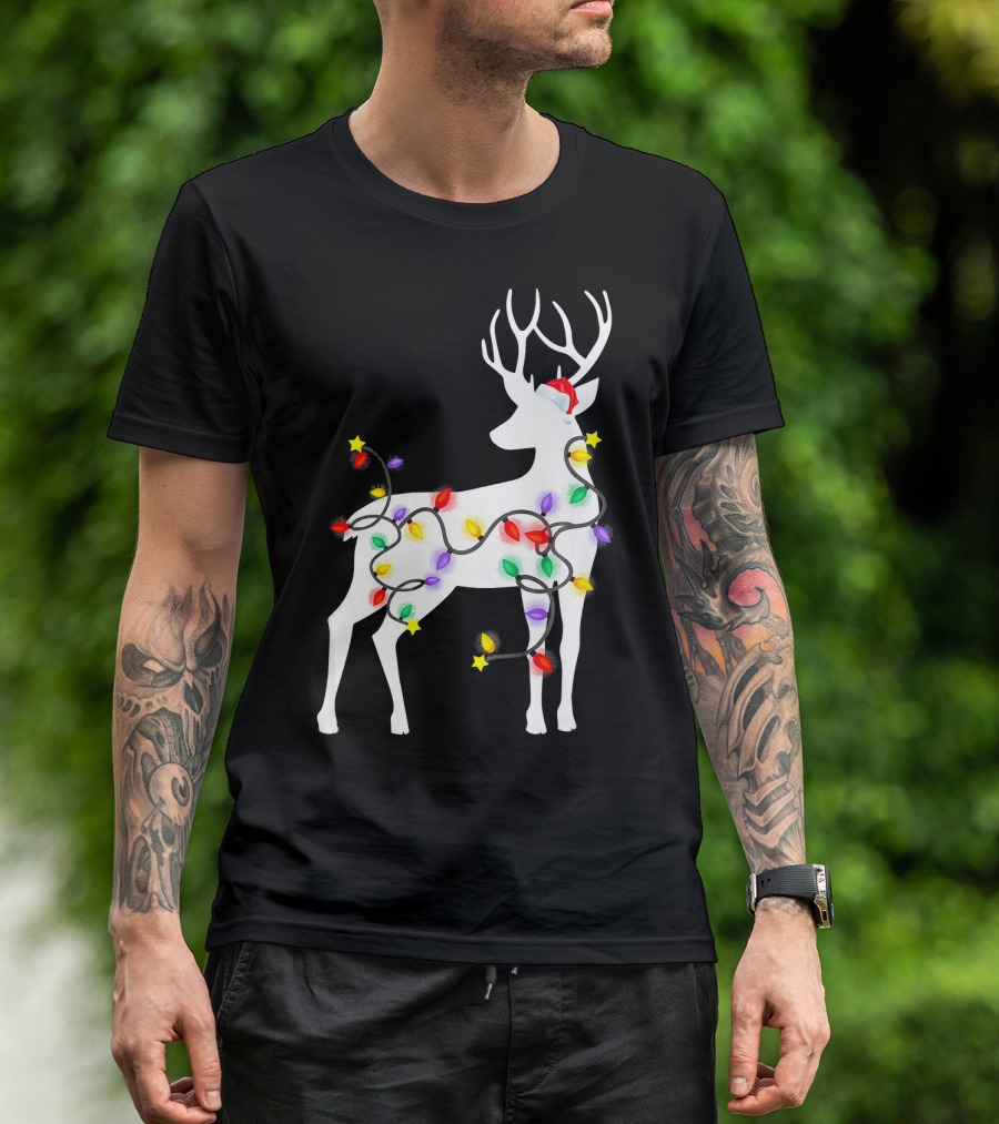 Deer Reindeer Christmas Lights Decorations Santa Hat T-Shirt