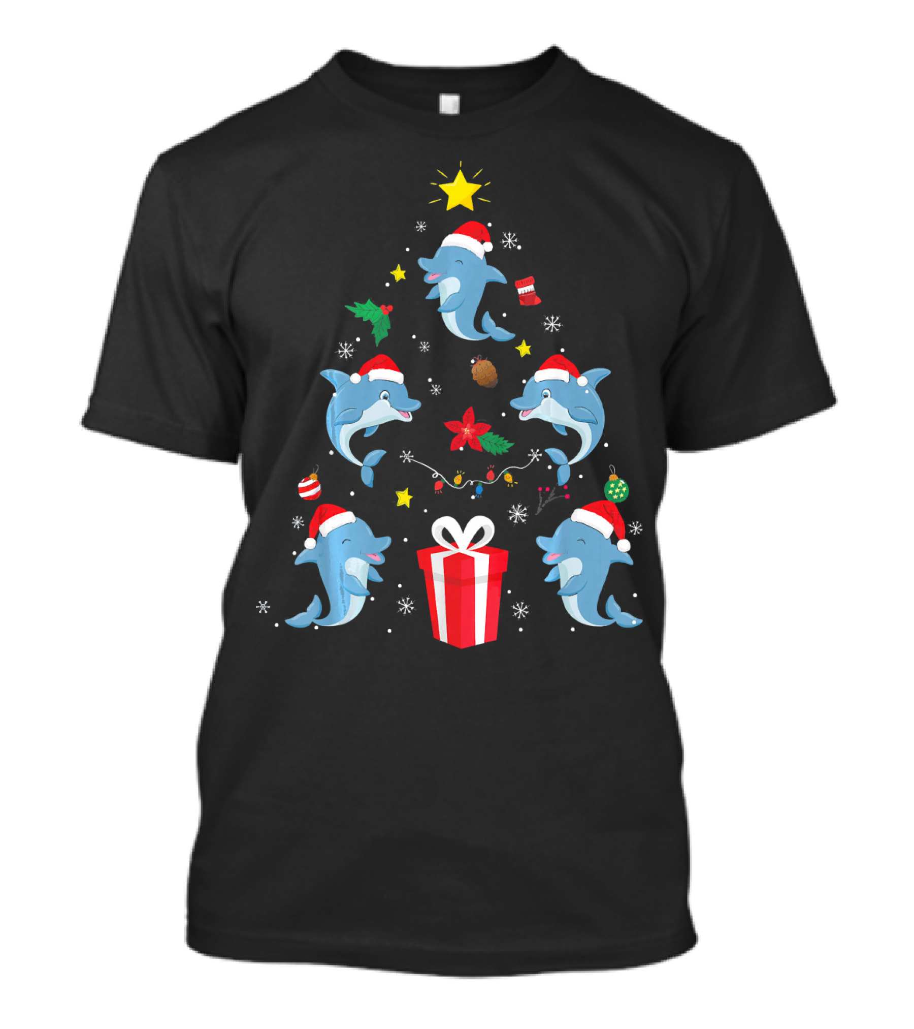 Dolphin Christmas Ornament Tree Merry With Santa Hats And Gift T-Shirt