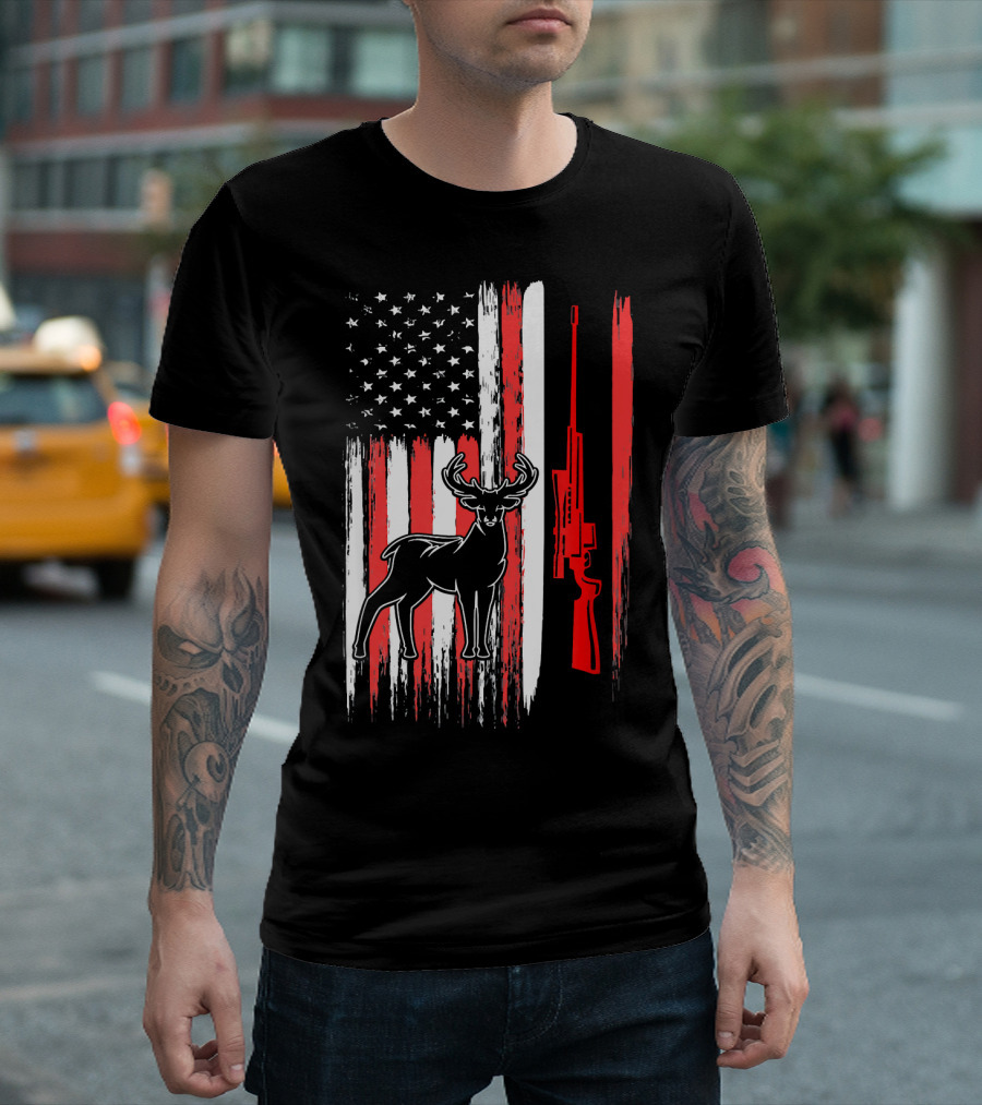 Deer Hunting American Flag Bow Rifle Patriotic USA T-Shirt