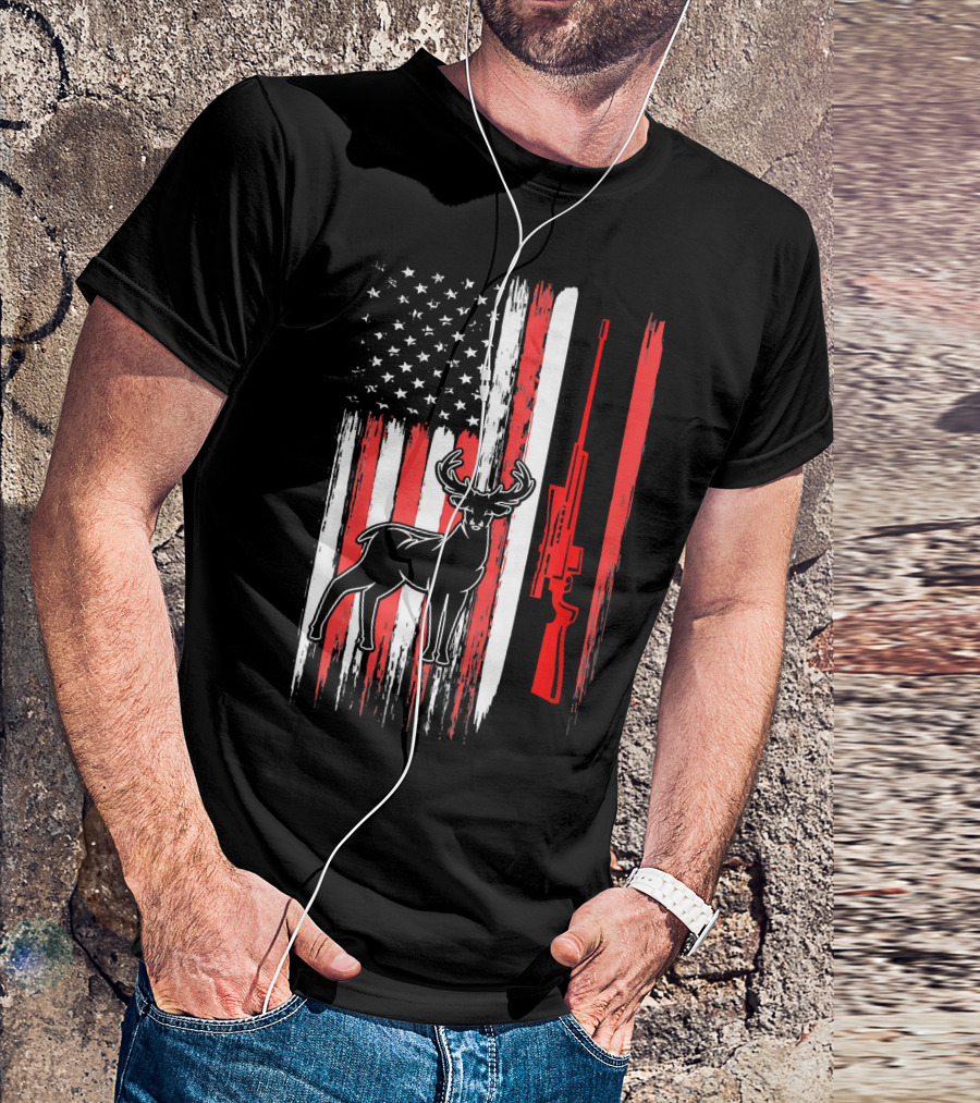 Deer Hunting American Flag Bow Rifle Patriotic USA T-Shirt