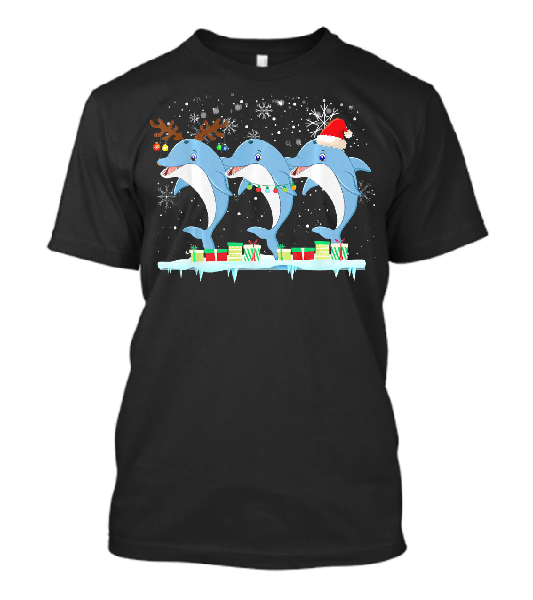 Dolphins With Christmas Lights Santa Hat Reindeer Antlers Snowflakes Holiday Scene T-Shirt