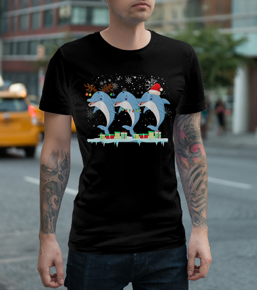 Dolphins With Christmas Lights Santa Hat Reindeer Antlers Snowflakes Holiday Scene T-Shirt