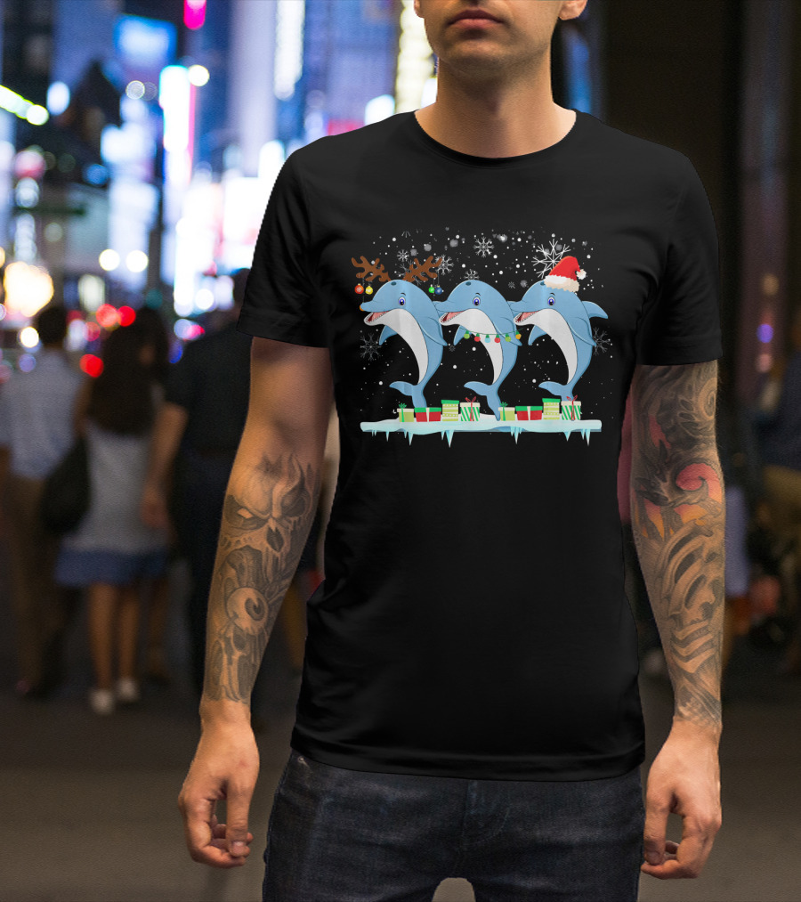 Dolphins With Christmas Lights Santa Hat Reindeer Antlers Snowflakes Holiday Scene T-Shirt