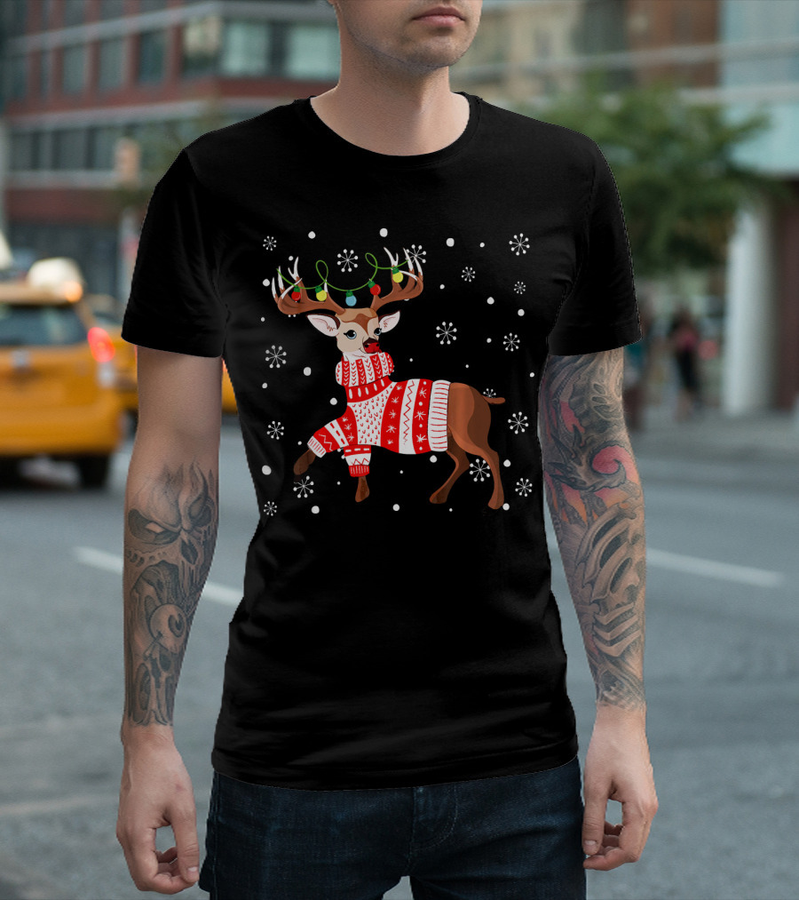 Reindeer Lights Antlers Ugly Sweater Snowflakes Christmas Deer T-Shirt
