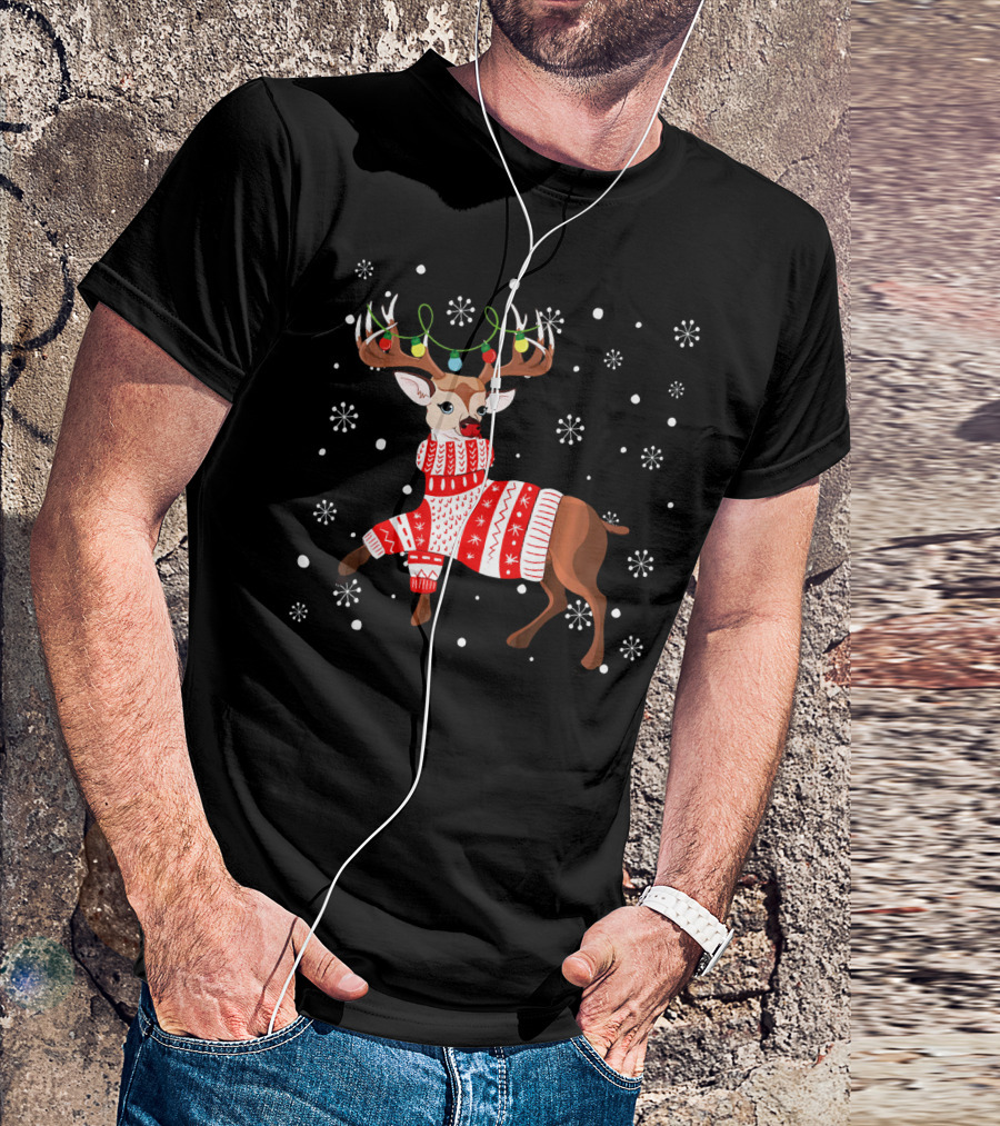 Reindeer Lights Antlers Ugly Sweater Snowflakes Christmas Deer T-Shirt