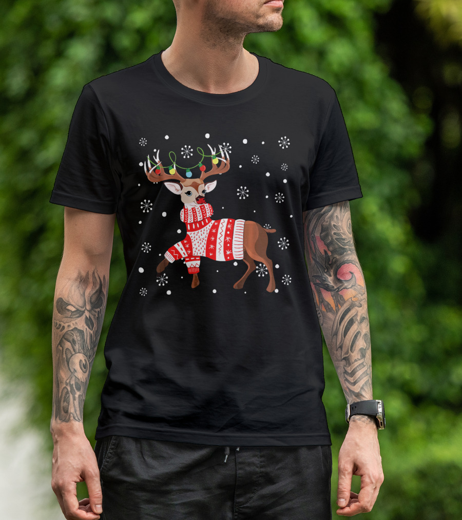 Reindeer Lights Antlers Ugly Sweater Snowflakes Christmas Deer T-Shirt