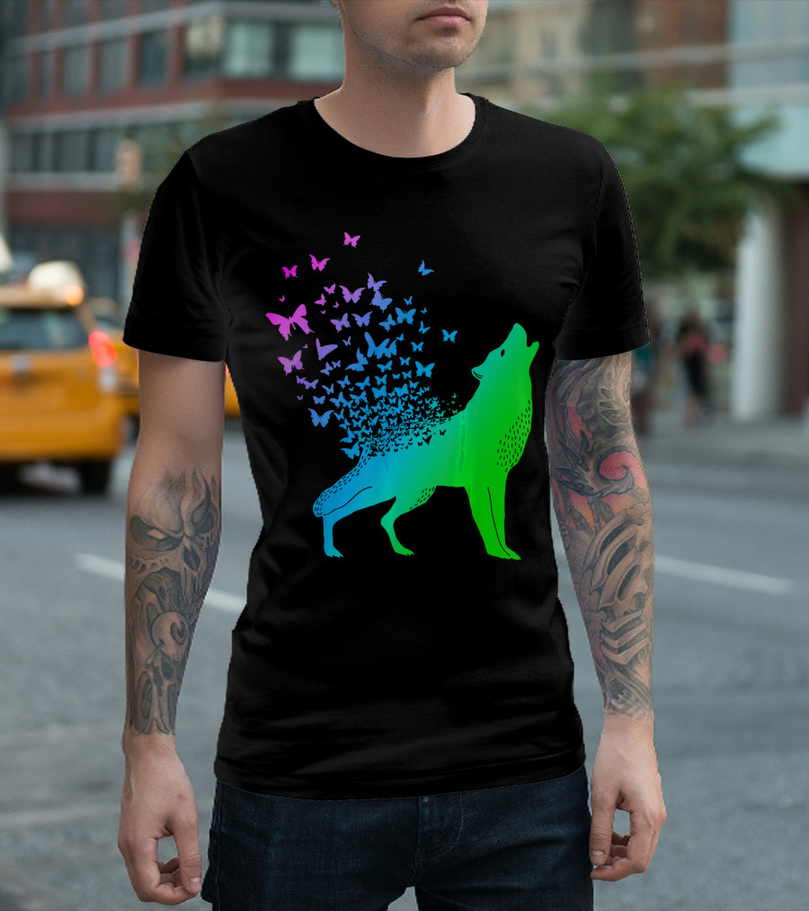 Butterfly and Wolf in Vibrant Nature Transformation T-Shirt