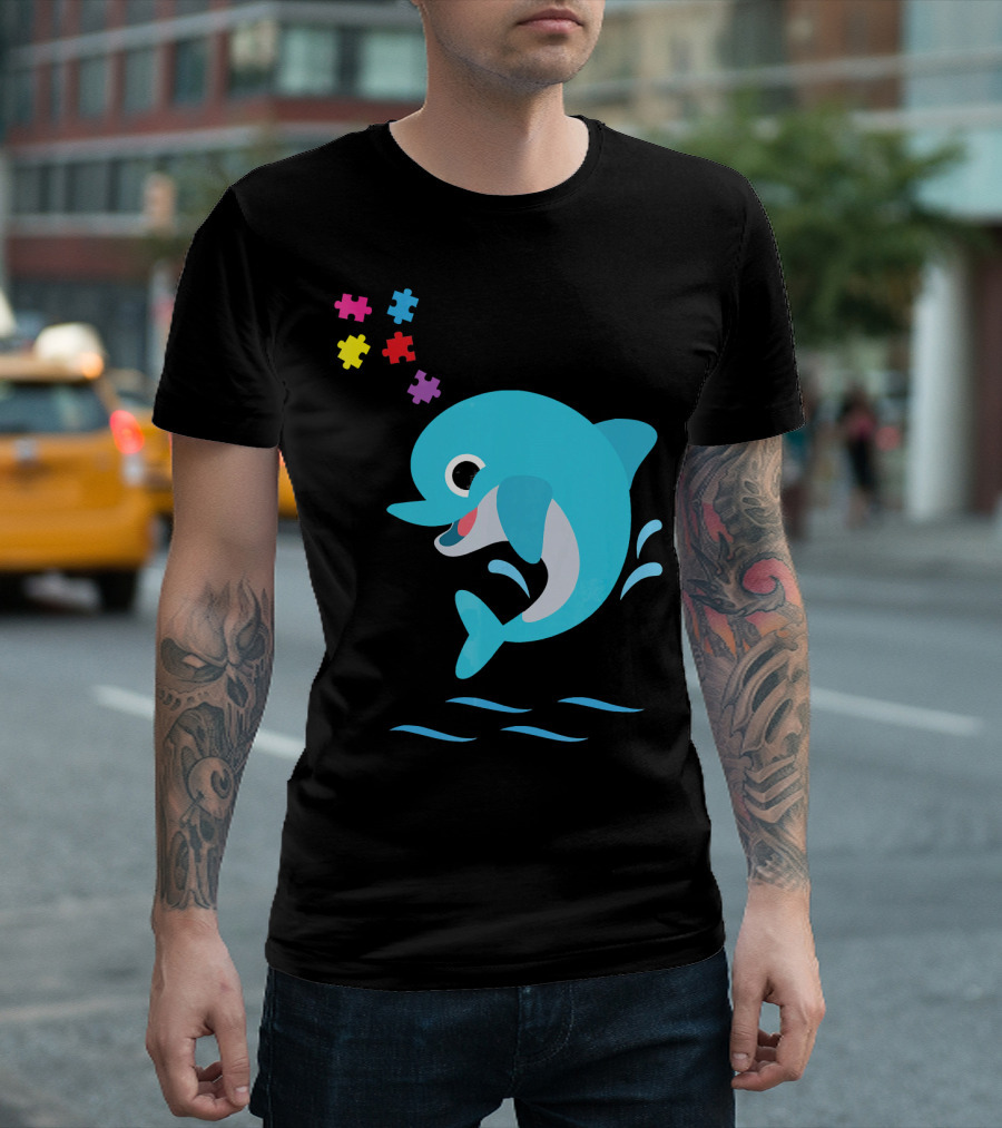 Autism Awareness Kids Puzzle Piece Dolphin Splash T-Shirt