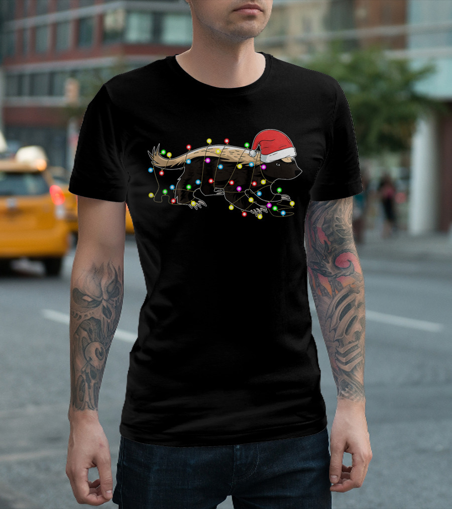 Christmas Lights Honey Badger Santa Hat Ratel Love T-Shirt