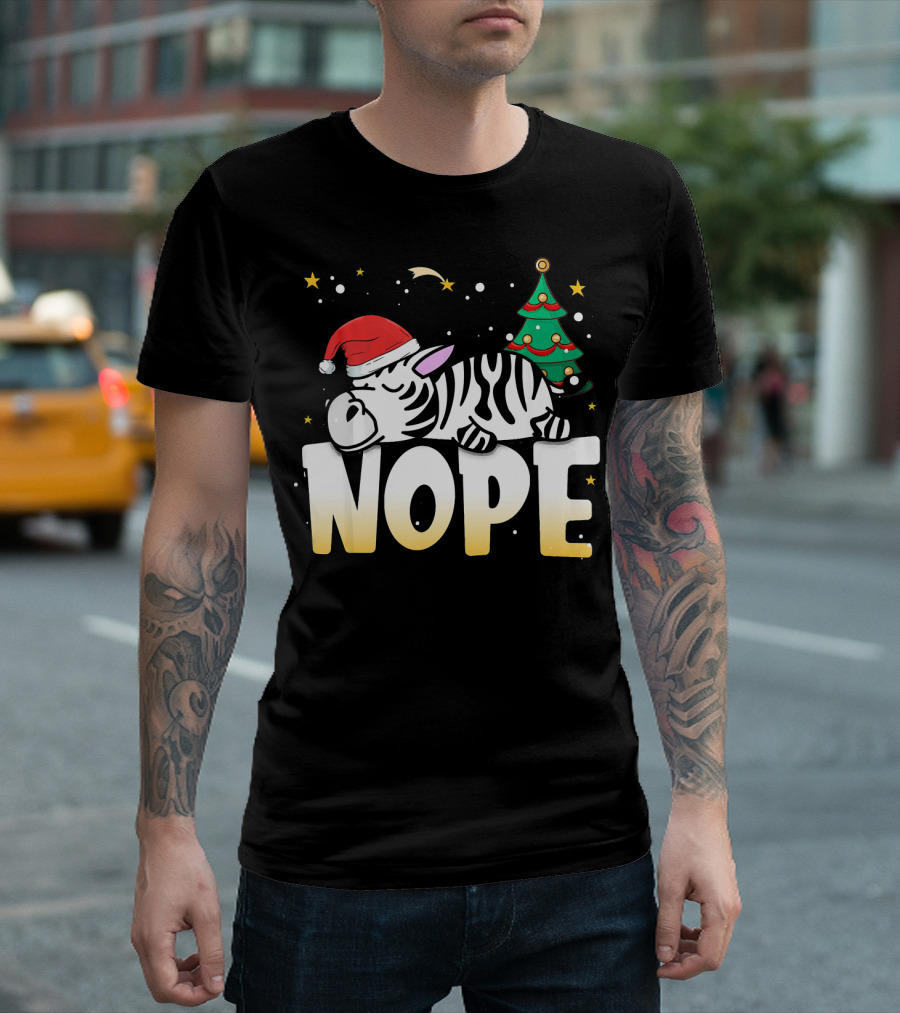 Sleeping Christmas Zebra Nope Santa Hat Tree T-Shirt