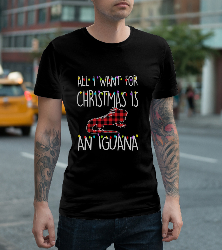 All I Want For Christmas Is An Iguana Buffalo Plaid Christmas Lights T-Shirt