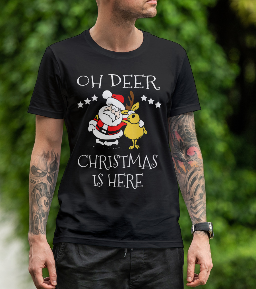 Oh Deer Christmas Is Here Family Santa And Reindeer T-Shirt