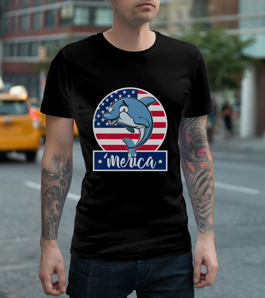 4th of July Merica Dolphin with American Flag Stars T-Shirt