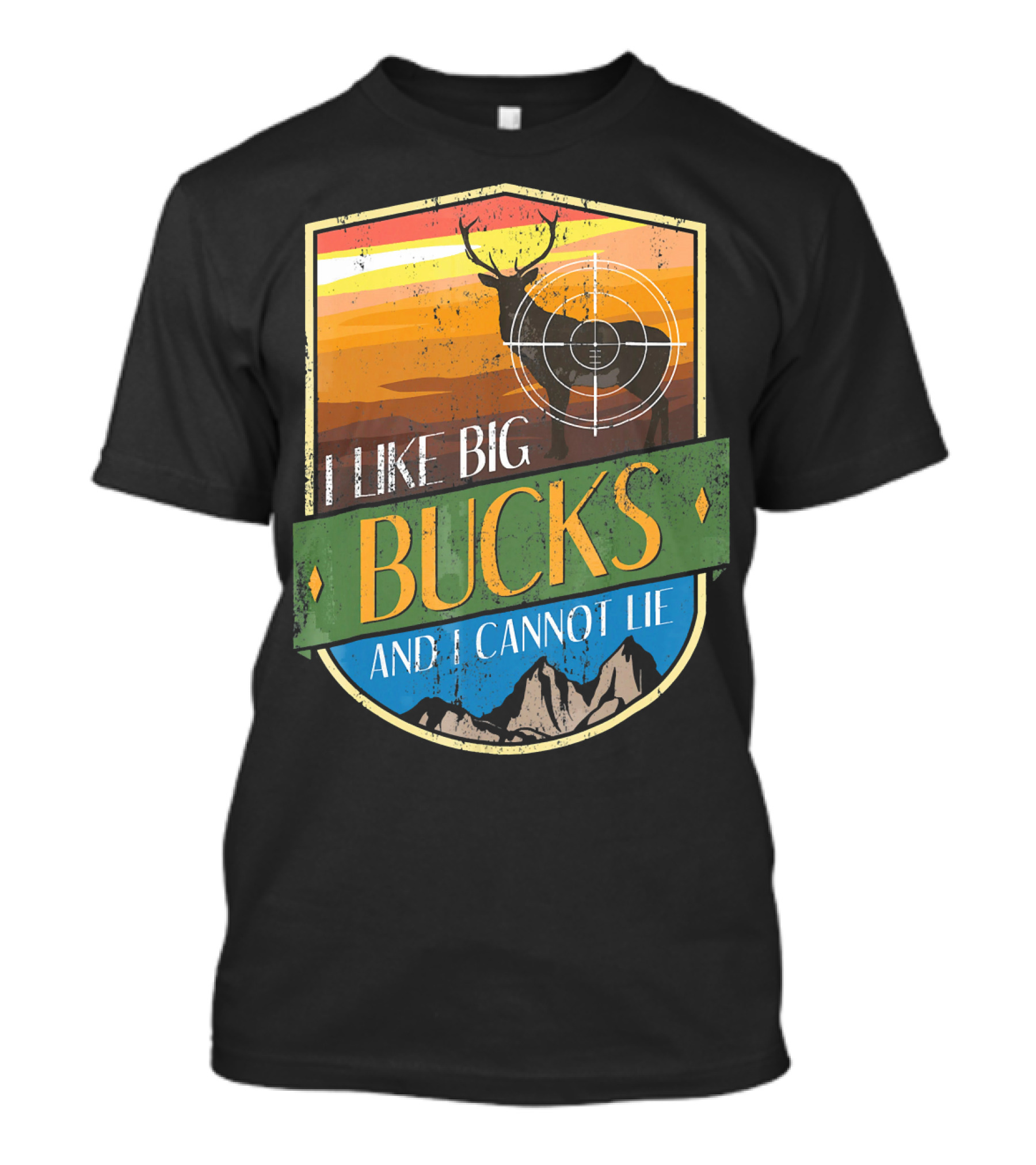 I Like Big Bucks With Deer And Mountains Retro Badge T-Shirt