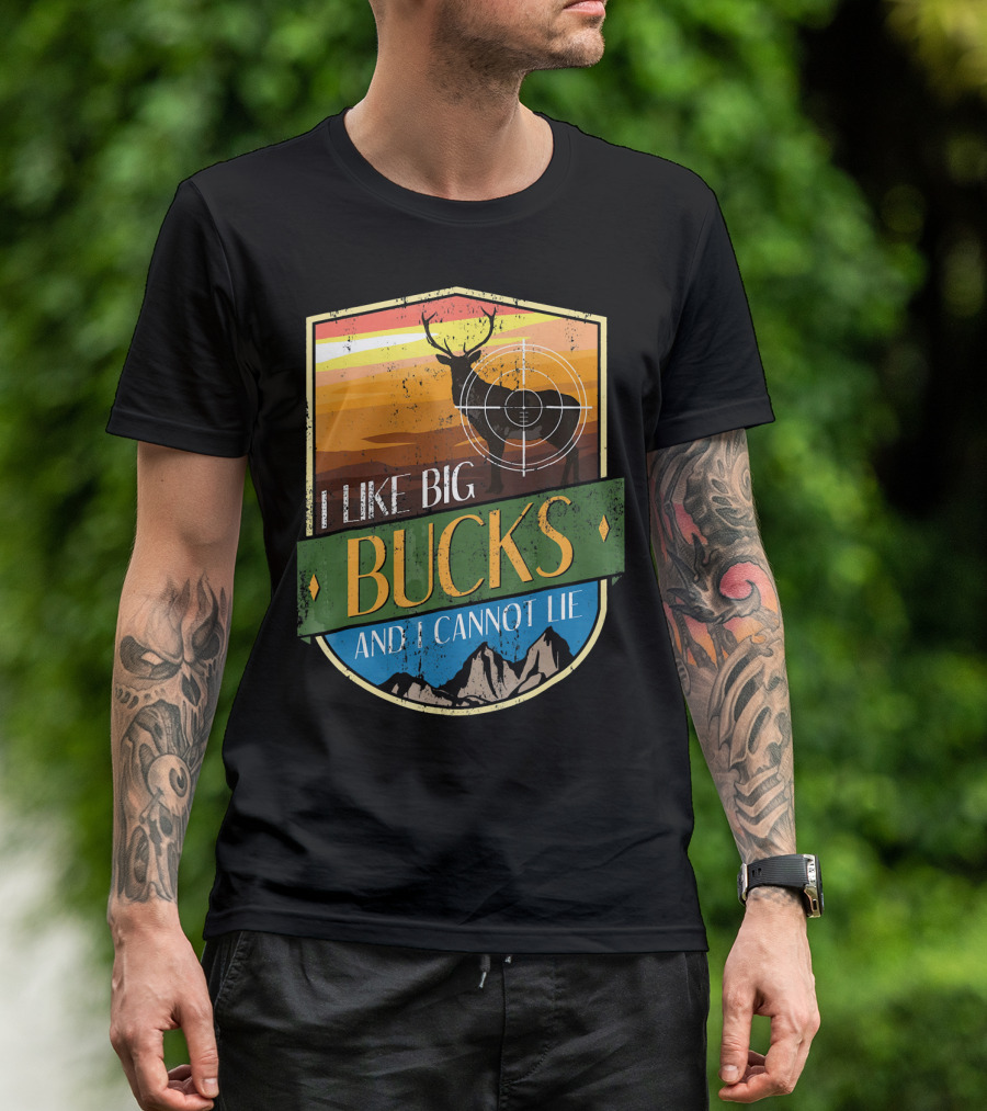 I Like Big Bucks With Deer And Mountains Retro Badge T-Shirt