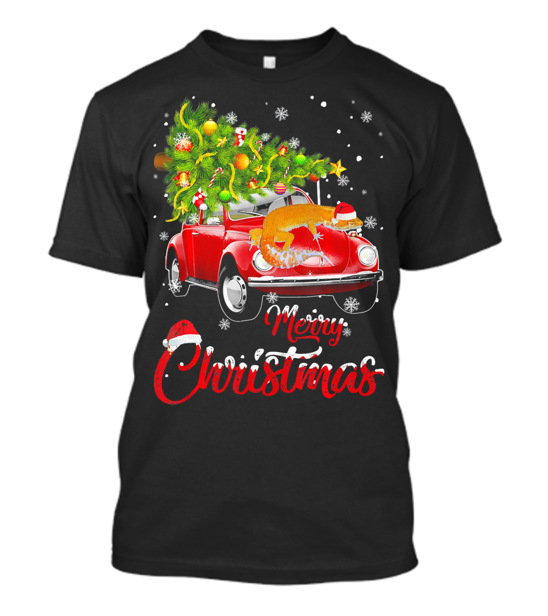 Merry Christmas Leopard Gecko On Red Truck With Tree T-Shirt