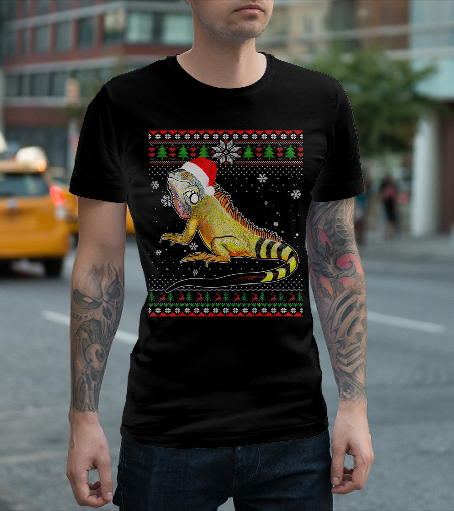 Merry Christmas Iguana Santa Hat Ugly Sweater Snowflakes Holiday T-Shirt