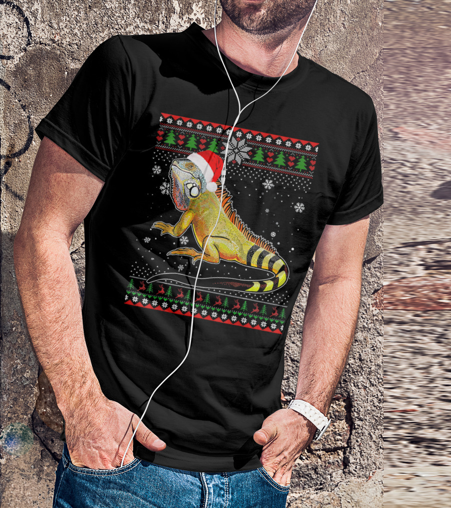 Merry Christmas Iguana Santa Hat Ugly Sweater Snowflakes Holiday T-Shirt