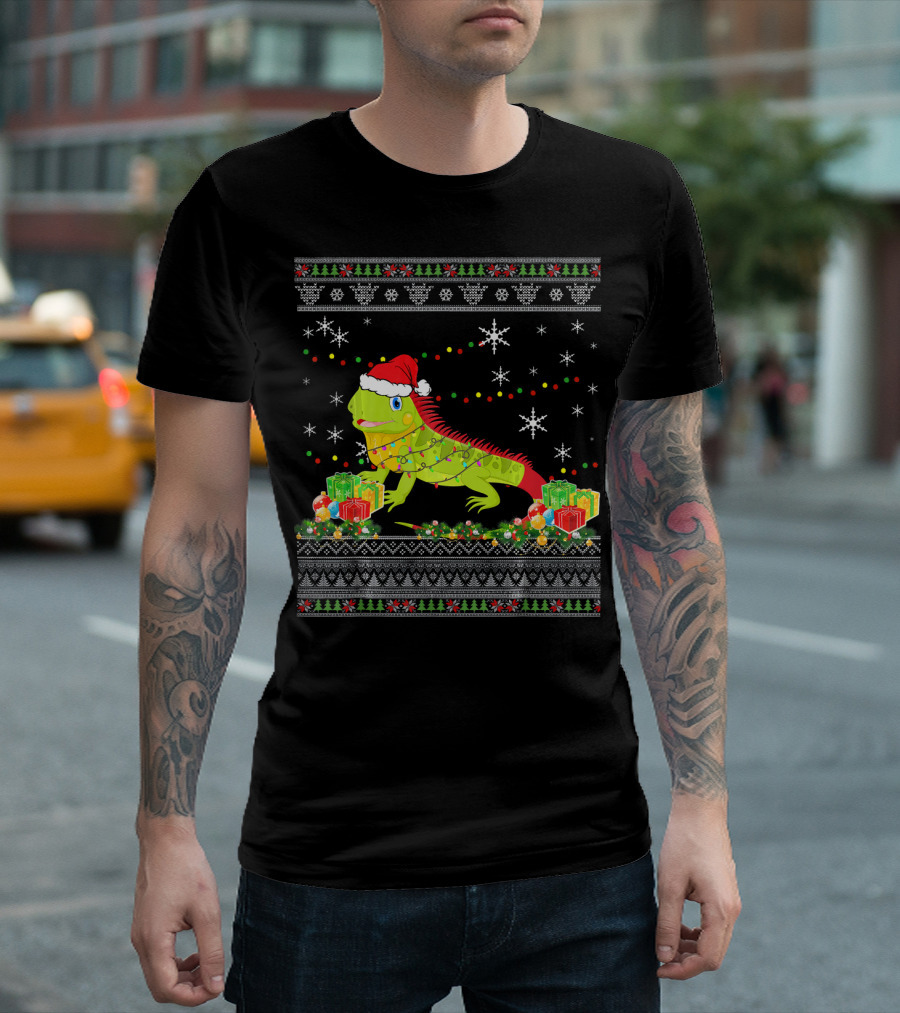 Ugly Christmas Sweater Iguana Lights Festive Santa Hat T-Shirt
