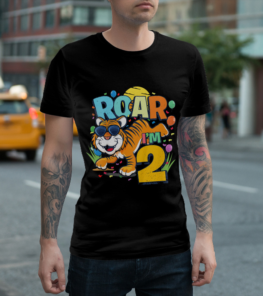 ROAR I'm 2 with Cool Tiger and Balloons for Kids 2nd Birthday Boy T-Shirt