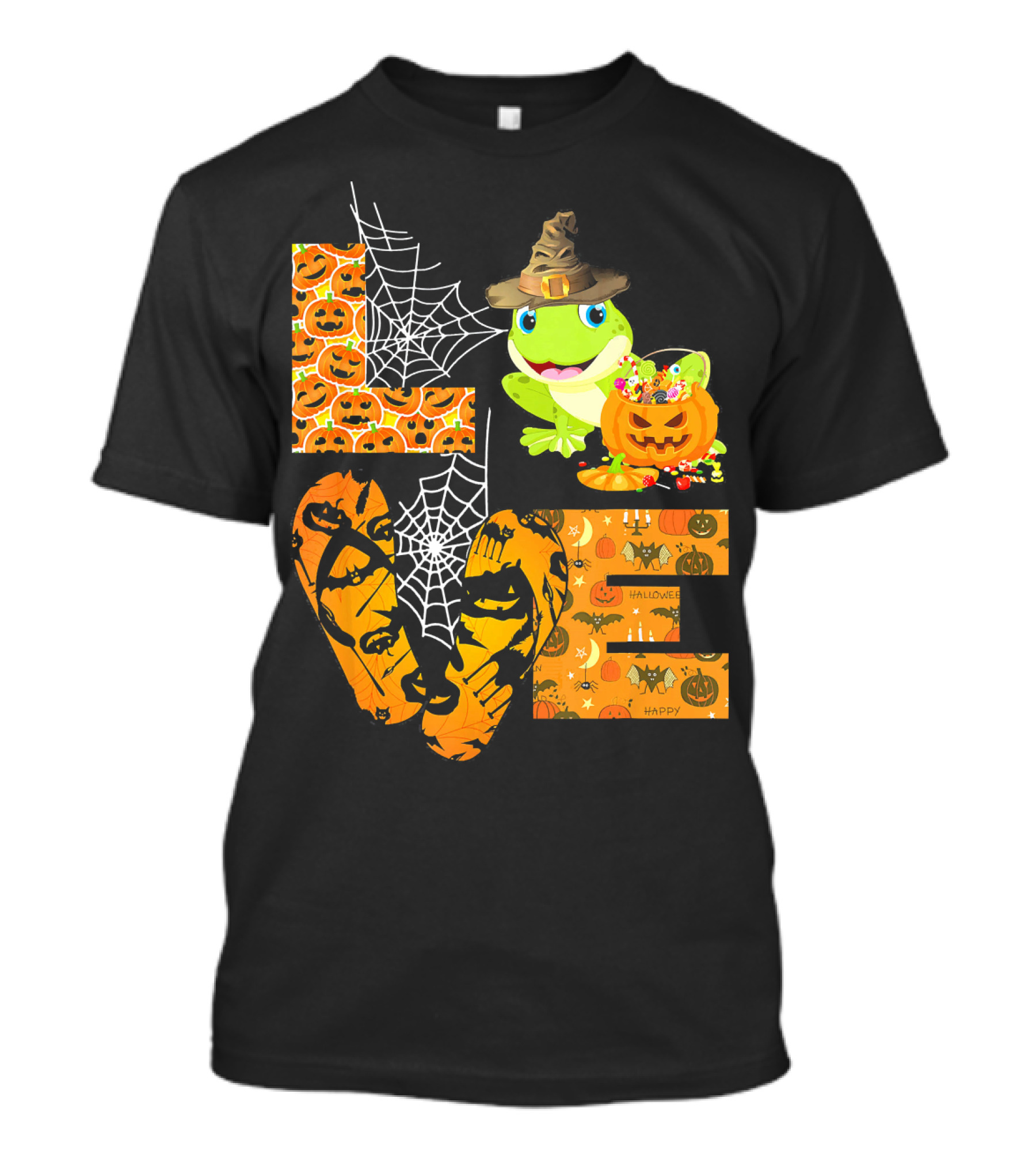LOVE Halloween Frog Pumpkin With Spiderwebs And Witch Hat T-Shirt