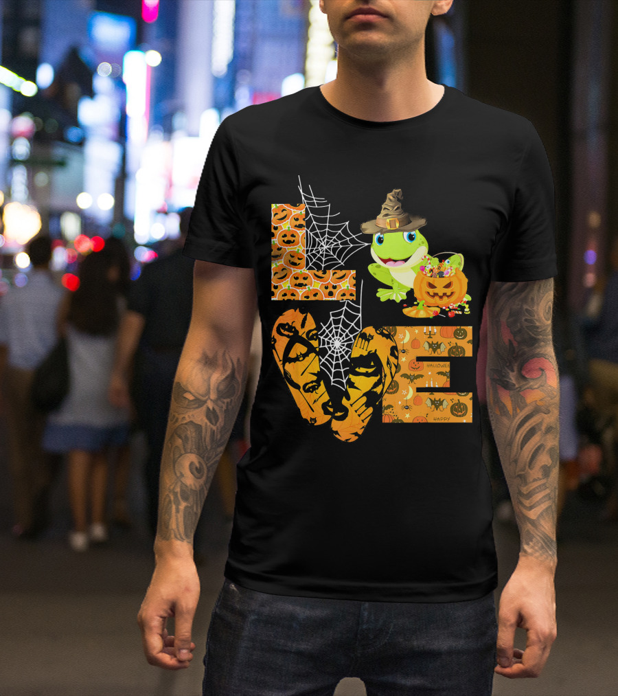 LOVE Halloween Frog Pumpkin With Spiderwebs And Witch Hat T-Shirt