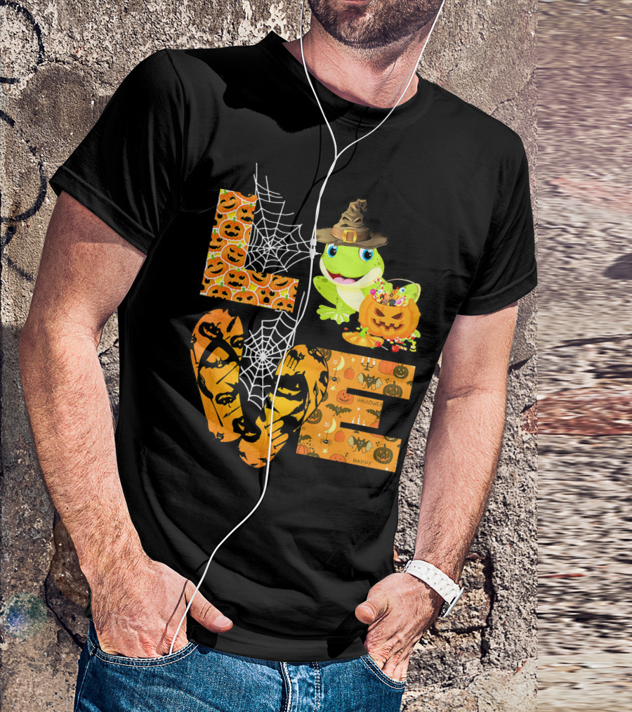 LOVE Halloween Frog Pumpkin With Spiderwebs And Witch Hat T-Shirt