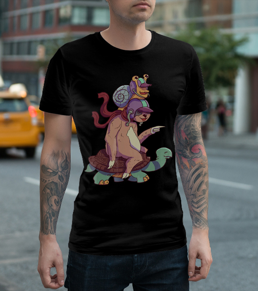 Lazy Snail Sloth Riding Slow Turtle with Helmets and Cape T-Shirt