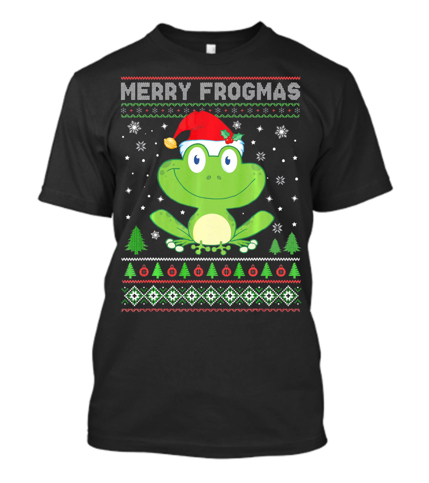 Merry Frogmas Christmas Frog Santa Hat Snowflakes Christmas Trees Ugly T-Shirt